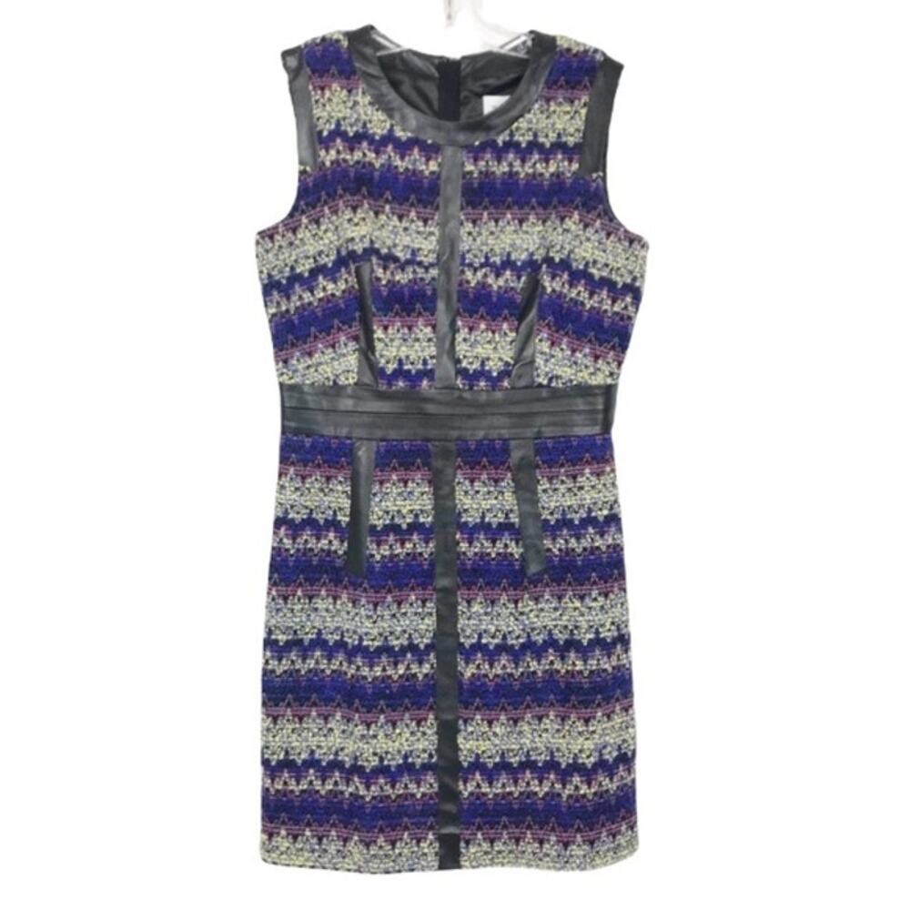 Milly Tweed Chevron Leather Sheath Dress Purple Sz 8